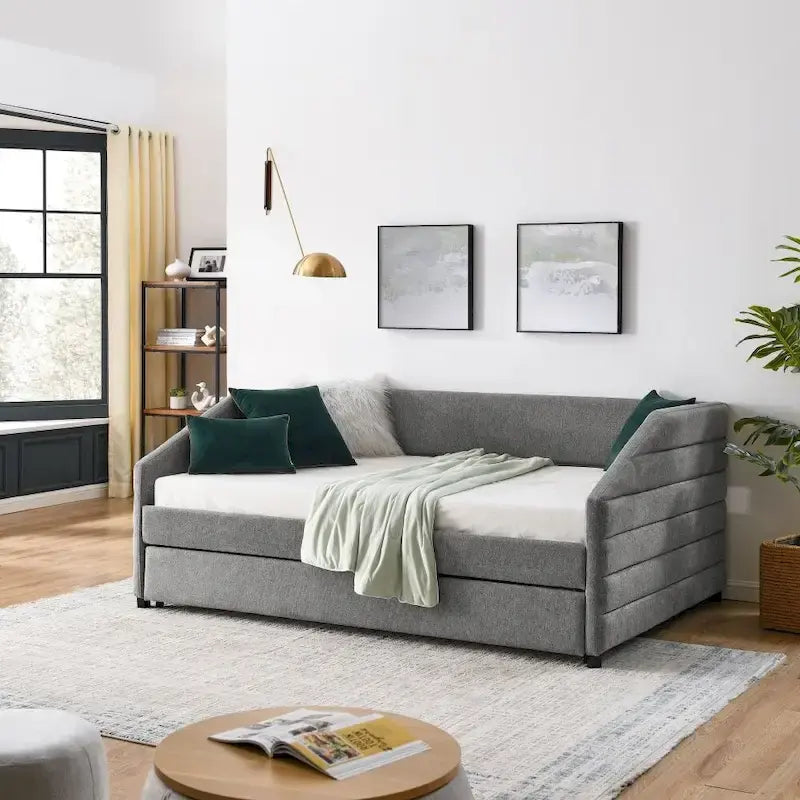 Lit de repos capitonné en lin beige/gris avec lit gigogne, pour 2 personnes