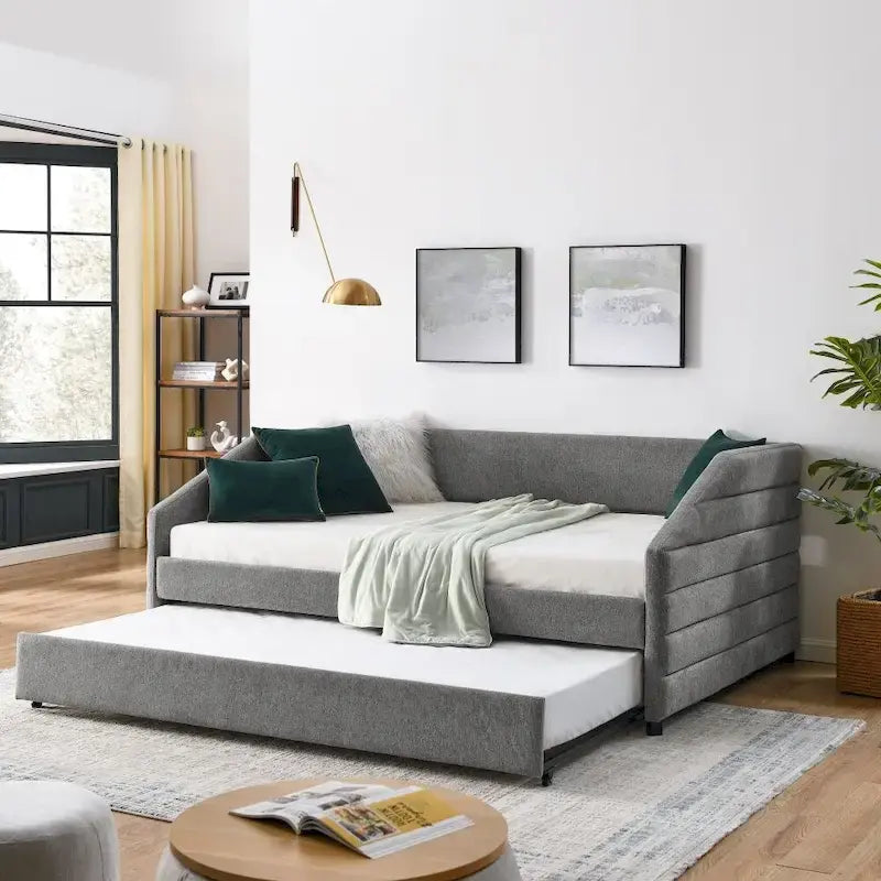 Lit de repos capitonné en lin beige/gris avec lit gigogne, pour 2 personnes