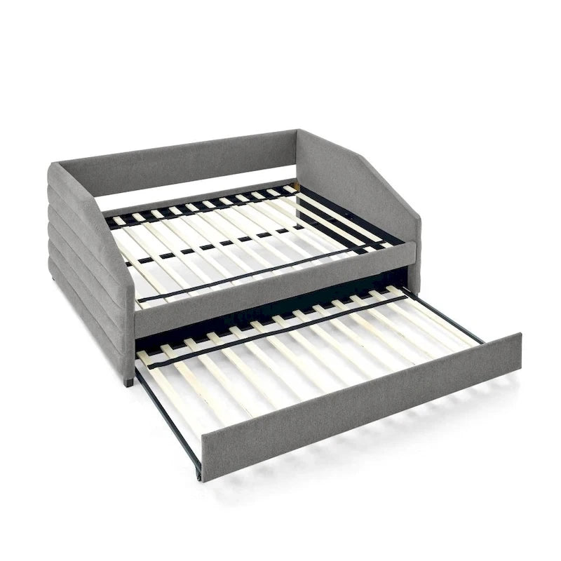 Lit de repos capitonné en lin beige/gris avec lit gigogne, pour 2 personnes