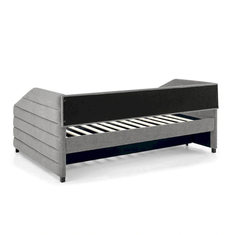 Lit de repos capitonné en lin beige/gris avec lit gigogne, pour 2 personnes