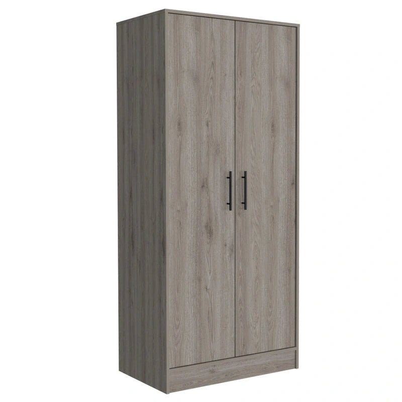Armoire à deux portes gris clair avec étagères, tringle et tiroir – 1 personne