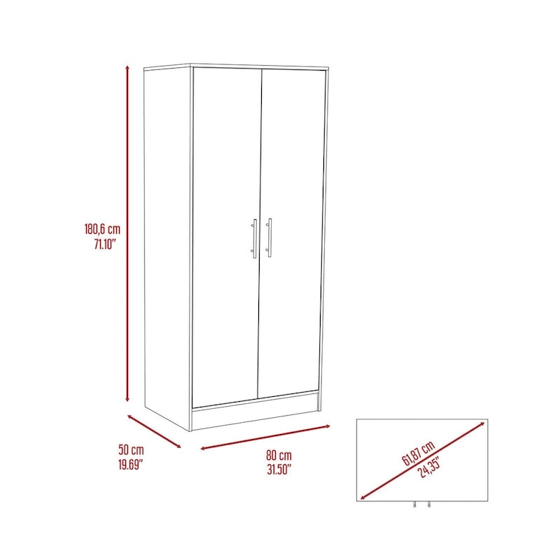 Armoire à deux portes gris clair avec étagères, tringle et tiroir – 1 personne