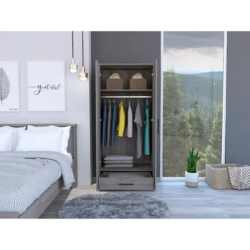 Armoire à deux portes gris clair avec étagères, tringle et tiroir – 1 personne