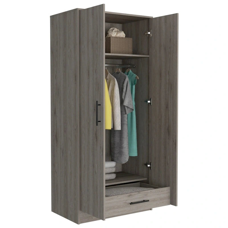 Armoire à deux portes gris clair avec étagères, tringle et tiroir – 1 personne
