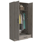 Armoire à deux portes gris clair avec étagères, tringle et tiroir – 1 personne