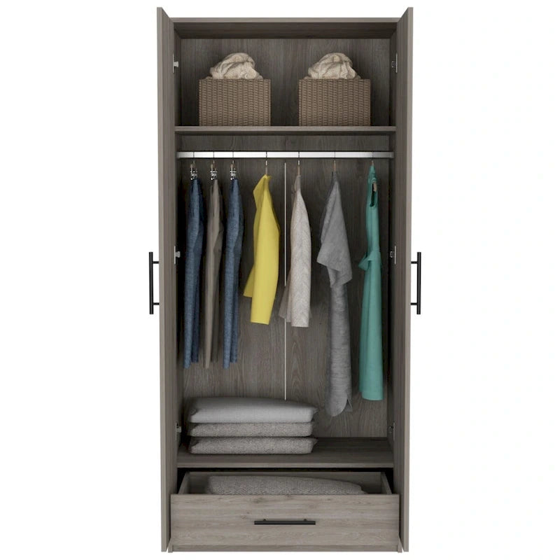 Armoire à deux portes gris clair avec étagères, tringle et tiroir – 1 personne