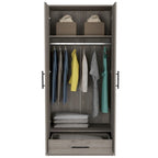 Armoire à deux portes gris clair avec étagères, tringle et tiroir – 1 personne