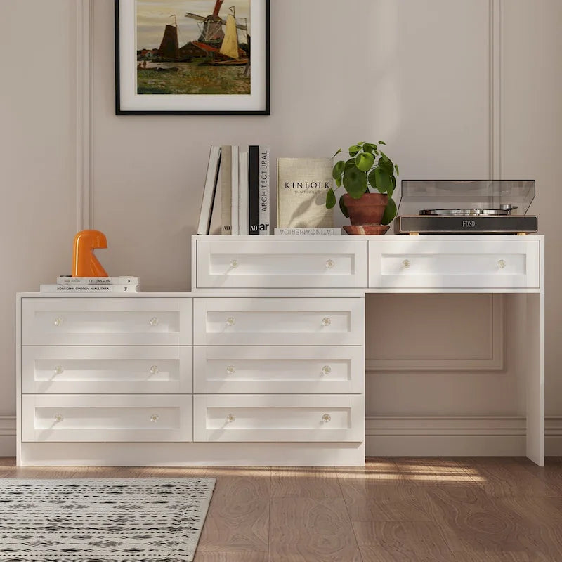 White Dresser & Vanity Combo Spacious Storage with Chic Crystal Knobs