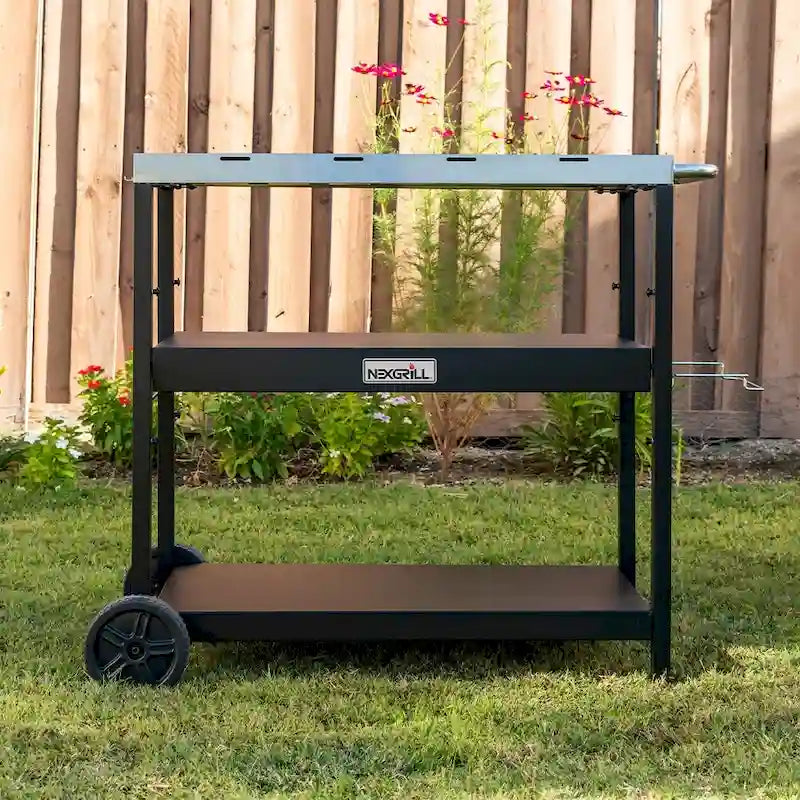 Chariot de préparation et de service pour barbecue extérieur en acier inoxydable – 2 étagères, pour 1 personne