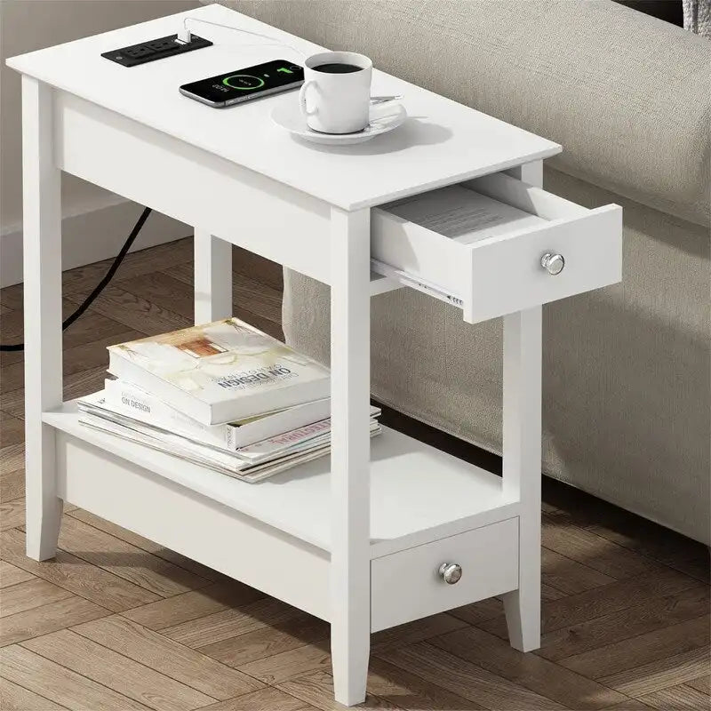 Table de chevet blanche à 2 tiroirs avec port USB et prise de courant, plateau en bois