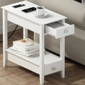 Table de chevet blanche à 2 tiroirs avec port USB et prise de courant, plateau en bois