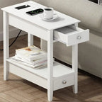 Table de chevet blanche à 2 tiroirs avec port USB et prise de courant, plateau en bois