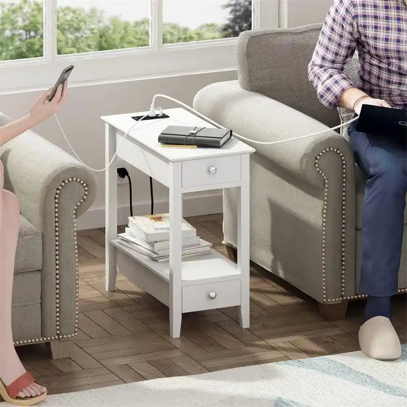 Table de chevet blanche à 2 tiroirs avec port USB et prise de courant, plateau en bois