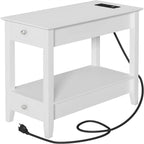 Table de chevet blanche à 2 tiroirs avec port USB et prise de courant, plateau en bois