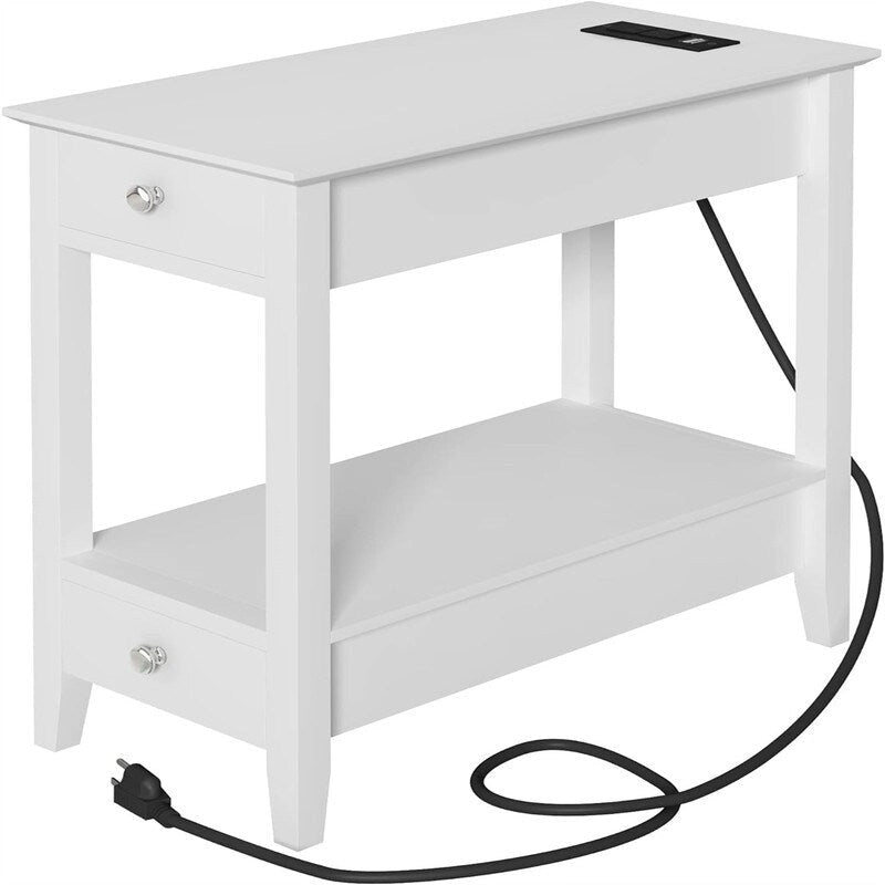 Table de chevet blanche à 2 tiroirs avec port USB et prise de courant, plateau en bois