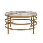 Table Basse Ronde Grise / Dorée, Plateau en Pierre Frittée et Piètement en Métal, 1 Personne
