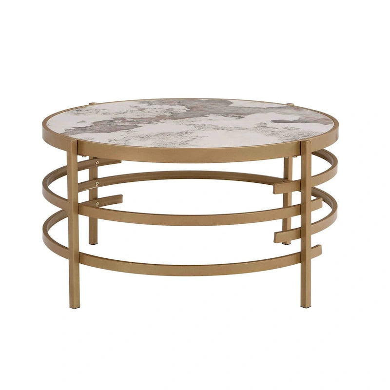 Table Basse Ronde Grise / Dorée, Plateau en Pierre Frittée et Piètement en Métal, 1 Personne