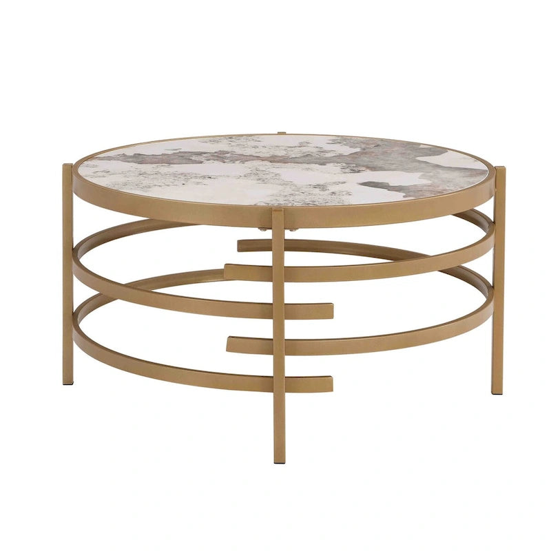 Table Basse Ronde Grise / Dorée, Plateau en Pierre Frittée et Piètement en Métal, 1 Personne