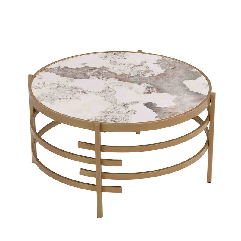 Table Basse Ronde Grise / Dorée, Plateau en Pierre Frittée et Piètement en Métal, 1 Personne