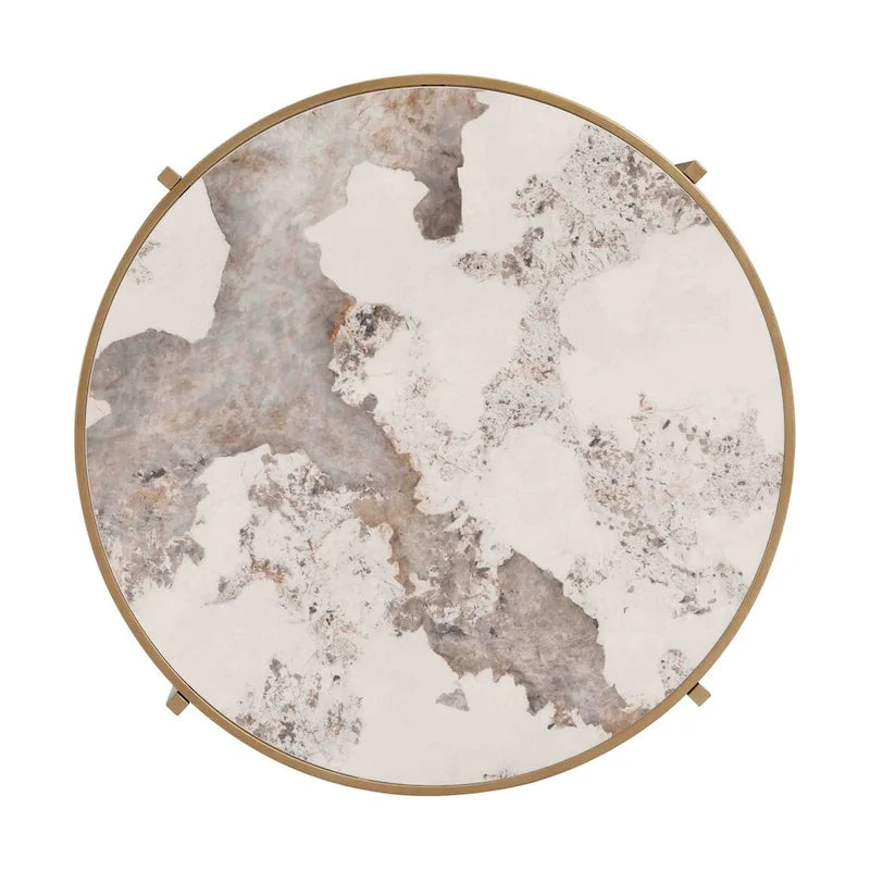 Table Basse Ronde Grise / Dorée, Plateau en Pierre Frittée et Piètement en Métal, 1 Personne