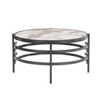 Table Basse Ronde Grise / Dorée, Plateau en Pierre Frittée et Piètement en Métal, 1 Personne
