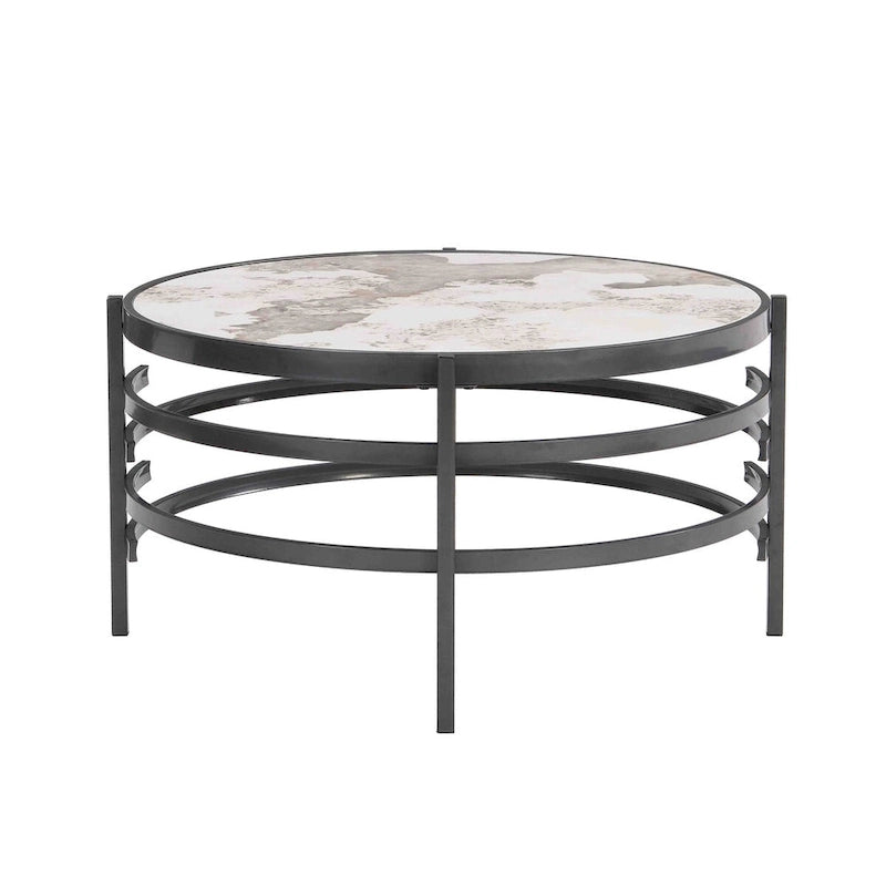 Table Basse Ronde Grise / Dorée, Plateau en Pierre Frittée et Piètement en Métal, 1 Personne