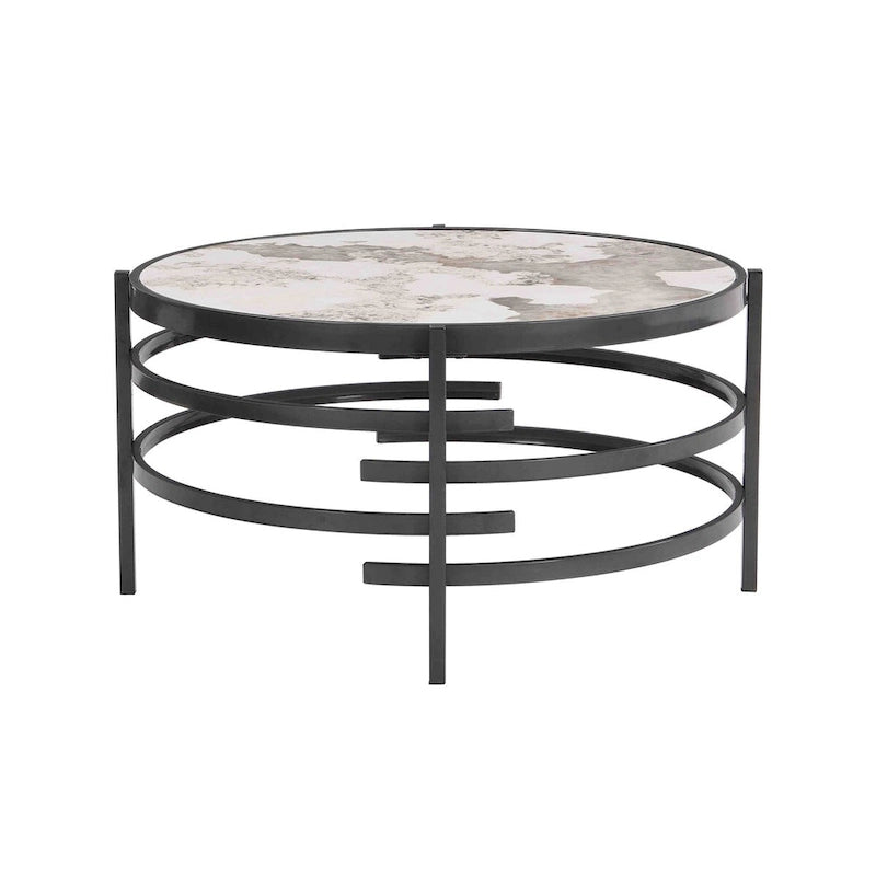 Table Basse Ronde Grise / Dorée, Plateau en Pierre Frittée et Piètement en Métal, 1 Personne