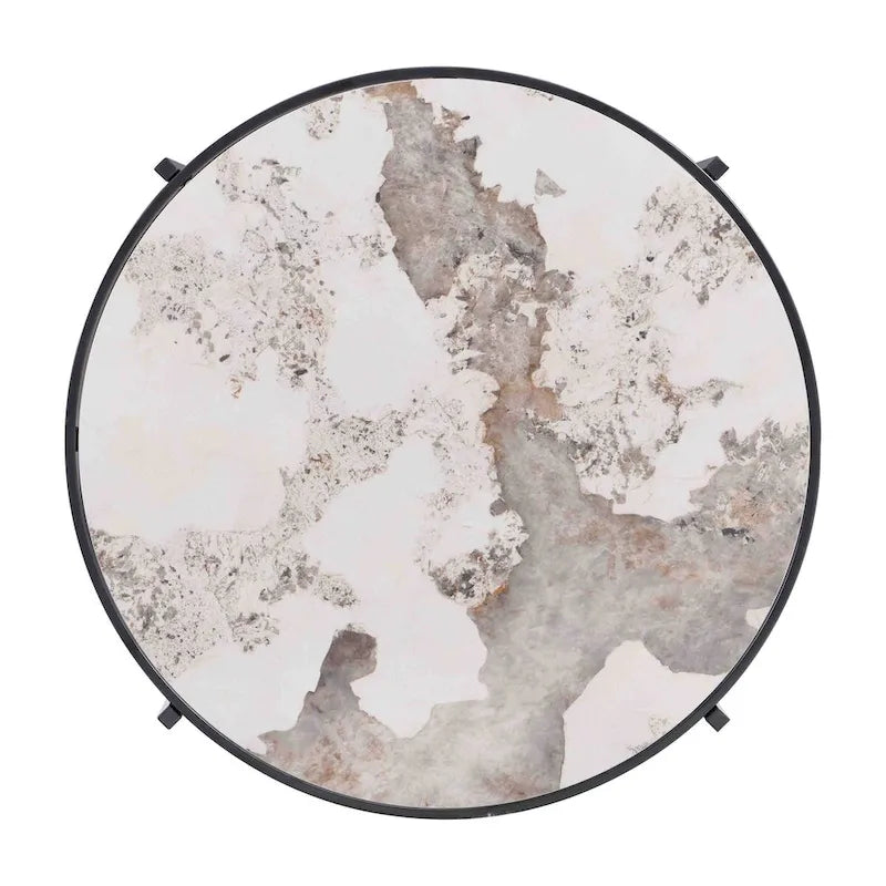 Table Basse Ronde Grise / Dorée, Plateau en Pierre Frittée et Piètement en Métal, 1 Personne