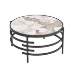 Table Basse Ronde Grise / Dorée, Plateau en Pierre Frittée et Piètement en Métal, 1 Personne