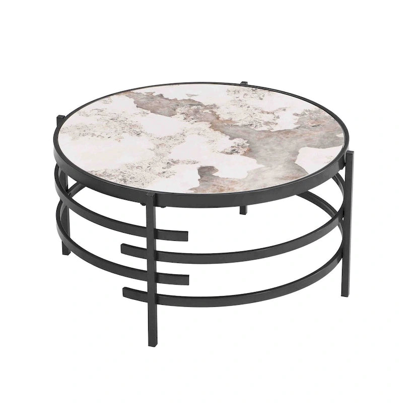 Table Basse Ronde Grise / Dorée, Plateau en Pierre Frittée et Piètement en Métal, 1 Personne