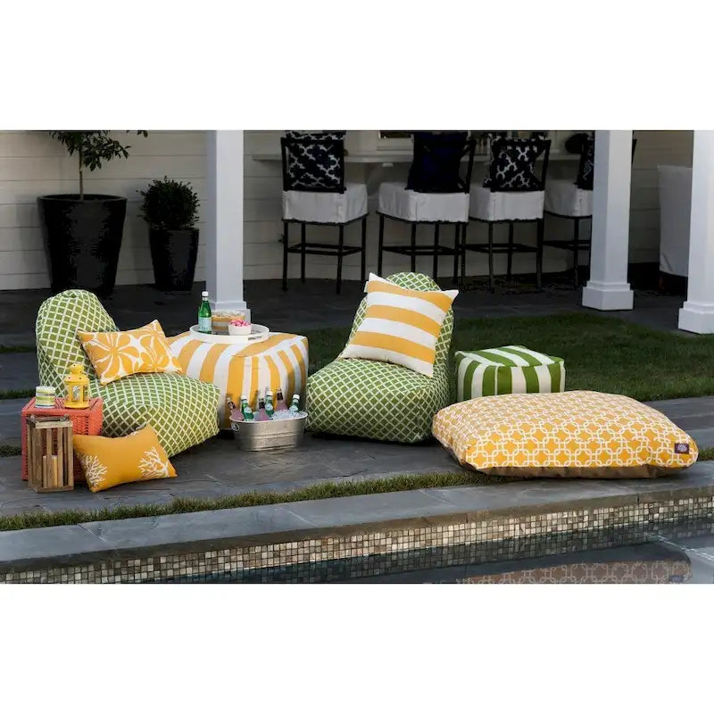 Pouf rond à rayures verticales sable/sauge/jaune/bleu marine/gris, intérieur/extérieur, simple