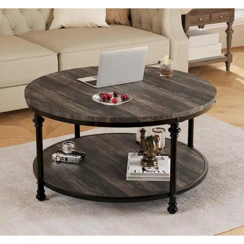 Table basse ronde à 2 niveaux en chêne/noyer clair avec pieds en métal