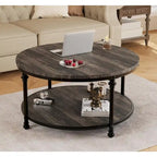 Table basse ronde à 2 niveaux en chêne/noyer clair avec pieds en métal