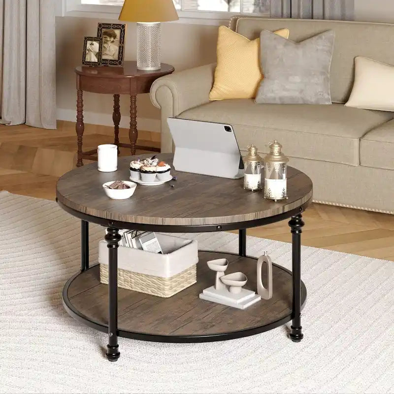 Table basse ronde à 2 niveaux en chêne/noyer clair avec pieds en métal