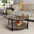 Table basse ronde à 2 niveaux en chêne/noyer clair avec pieds en métal