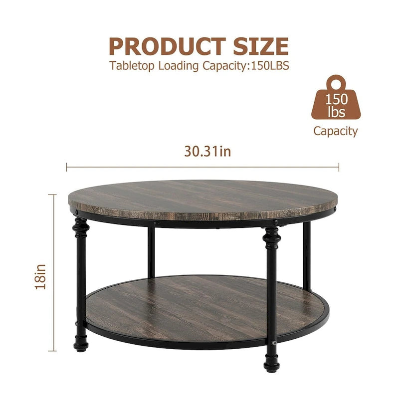 Table basse ronde à 2 niveaux en chêne/noyer clair avec pieds en métal