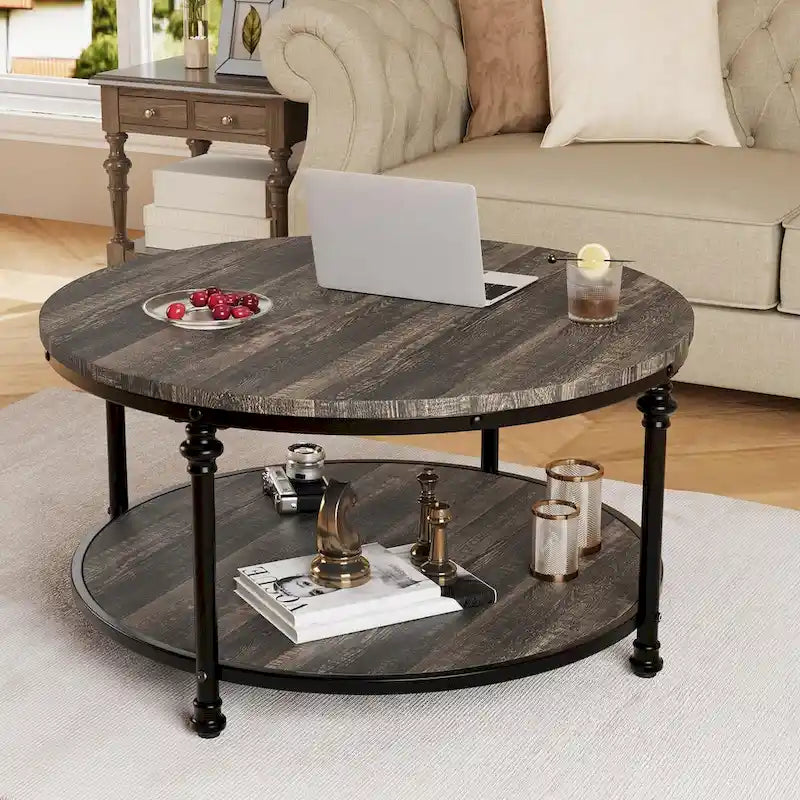 Table basse ronde à 2 niveaux en chêne/noyer clair avec pieds en métal