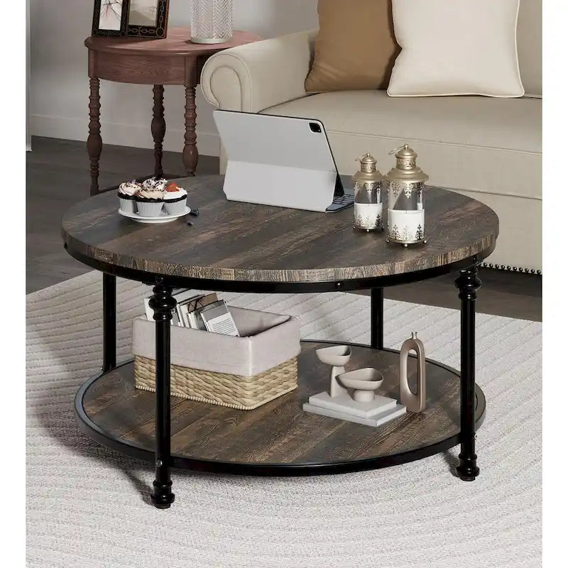 Table basse ronde à 2 niveaux en chêne/noyer clair avec pieds en métal