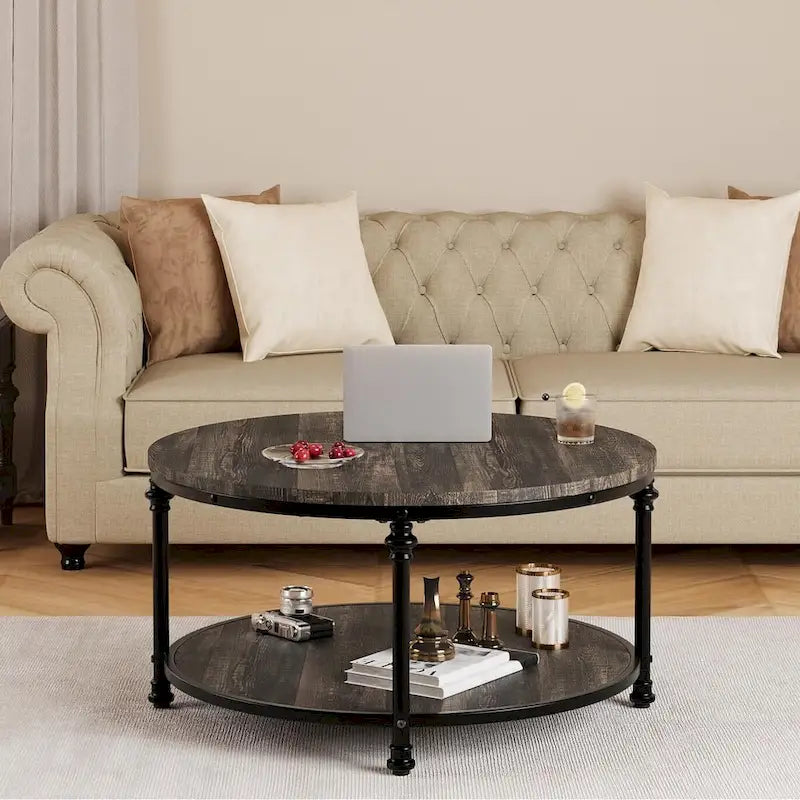 Table basse ronde à 2 niveaux en chêne/noyer clair avec pieds en métal
