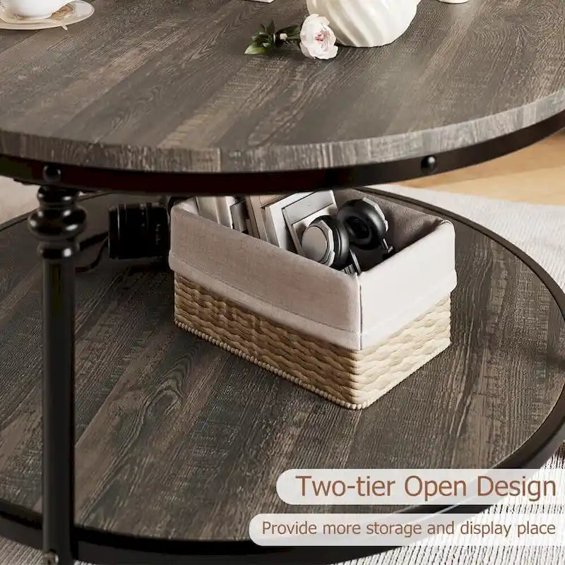 Table basse ronde à 2 niveaux en chêne/noyer clair avec pieds en métal
