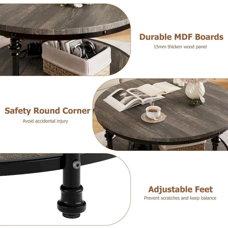 Table basse ronde à 2 niveaux en chêne/noyer clair avec pieds en métal