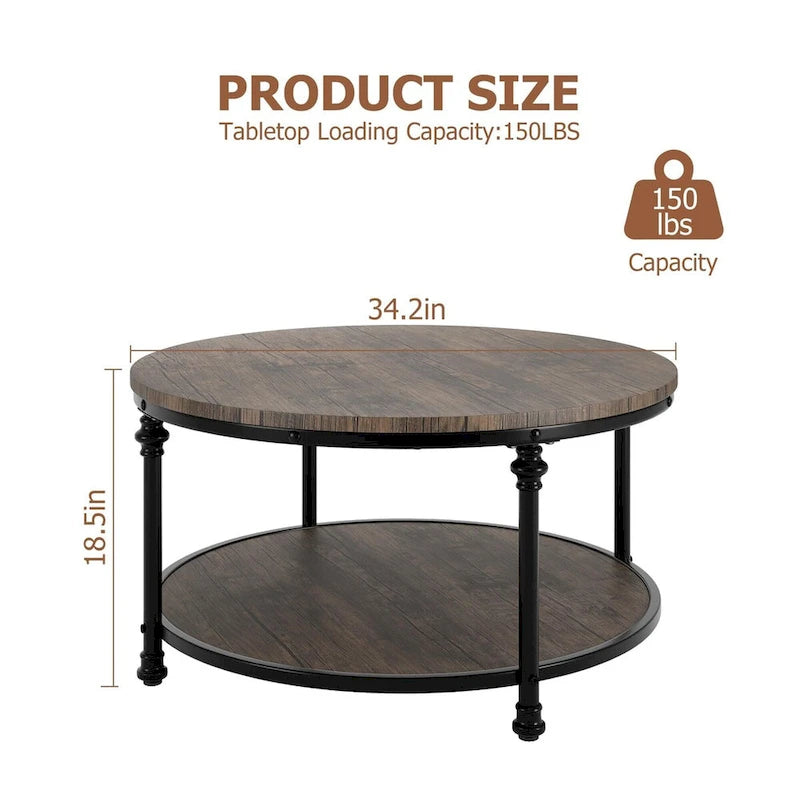 Table basse ronde à 2 niveaux en chêne/noyer clair avec pieds en métal