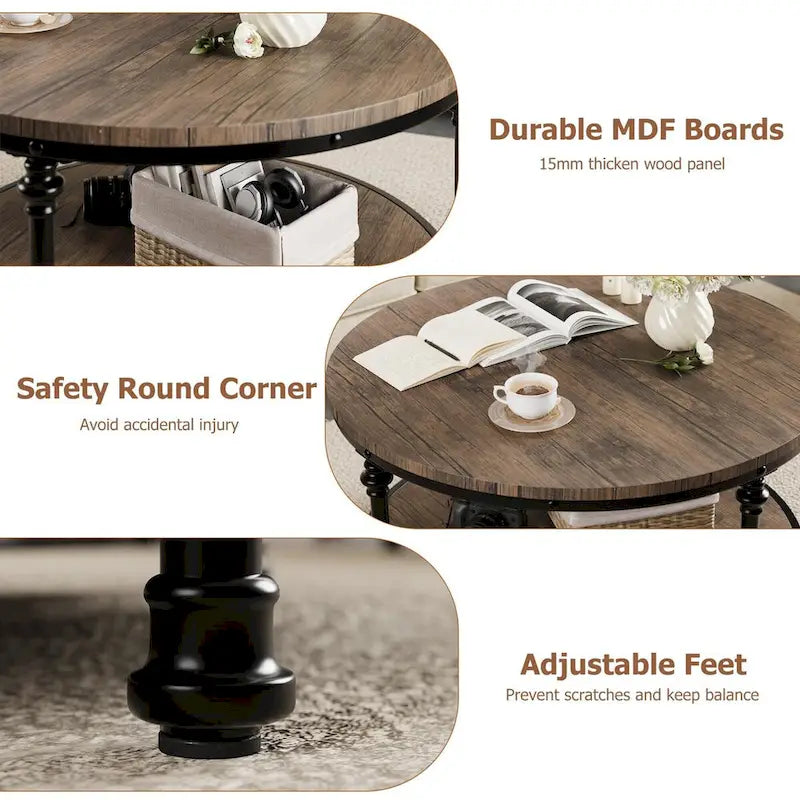 Table basse ronde à 2 niveaux en chêne/noyer clair avec pieds en métal