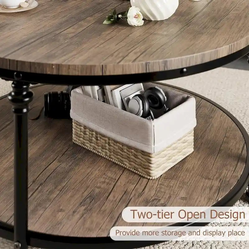 Table basse ronde à 2 niveaux en chêne/noyer clair avec pieds en métal