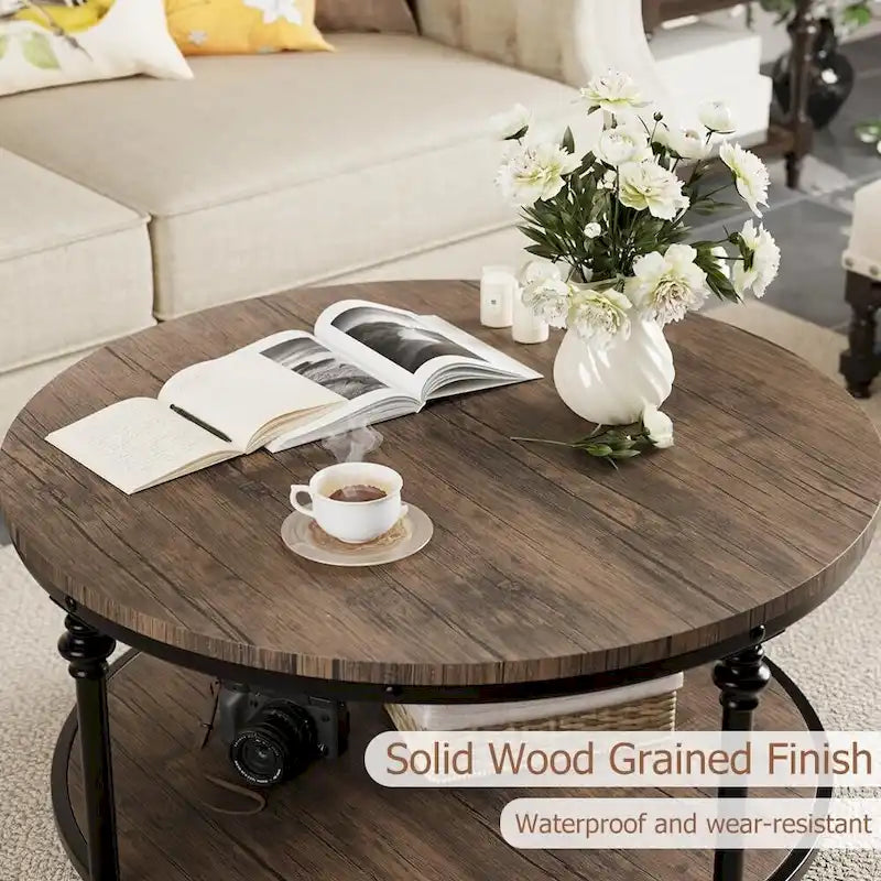 Table basse ronde à 2 niveaux en chêne/noyer clair avec pieds en métal