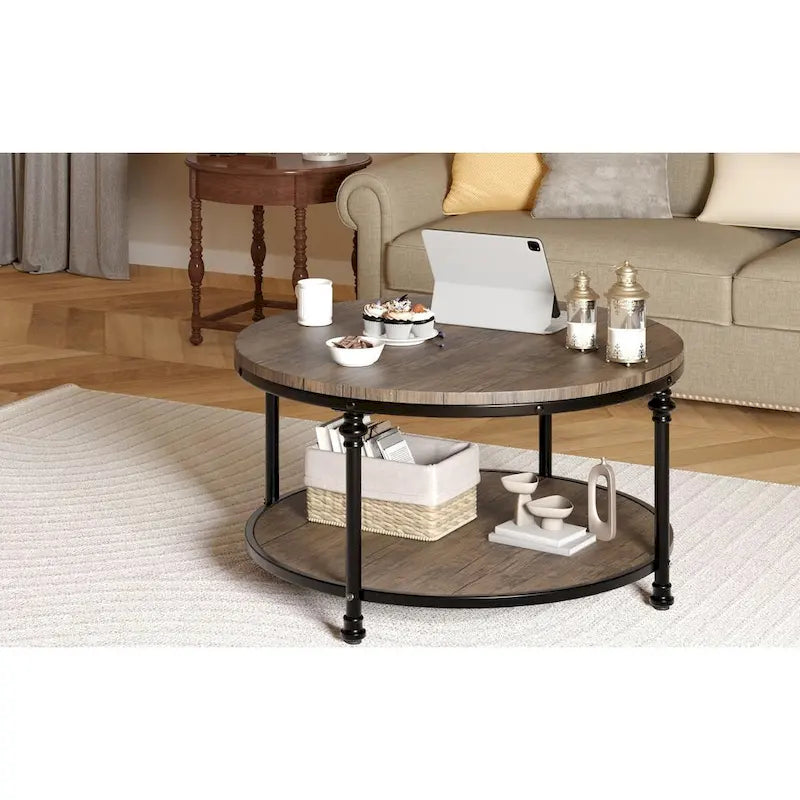 Table basse ronde à 2 niveaux en chêne/noyer clair avec pieds en métal