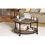 Table basse ronde à 2 niveaux en chêne/noyer clair avec pieds en métal