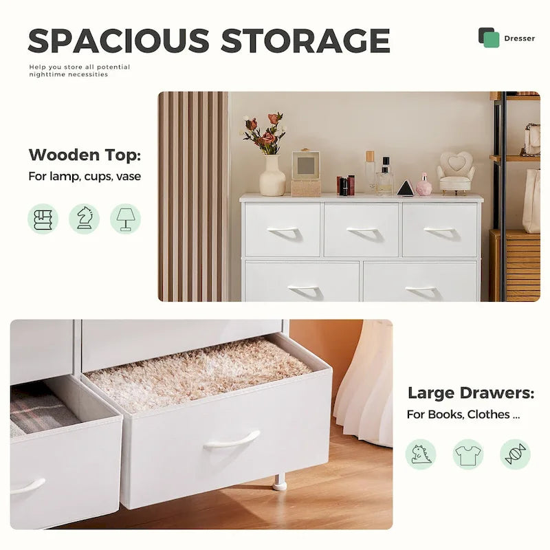 Commode en tissu blanc à 7 tiroirs, 1 personne